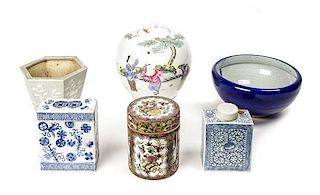 A Collection of Six Asian Porcelain and Ceramic Articles, Height of first 11 1/4 inches.
