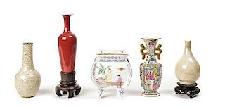 A Collection of Five Asian Porcelain Vases, Height of tallest 8 inches including stand.