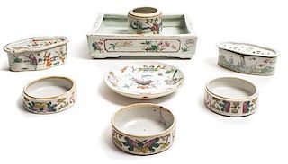 A Collection of Six Chinese Polychrome Enamel Porcelain Articles, Length of first 8 1/2 inches.