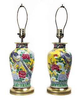 A Pair of Chinese Export Gilt Metal Mounted Porcelain Lamps, Height 24 3/4 inches.