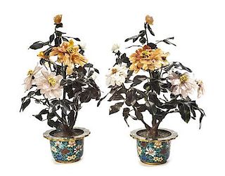 A Pair of Hardstone and Cloisonne Enameled Flowers, Height 18 3/4 inches.