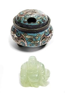A Hardstone Carving of a Buddha and a Small Asian Censer, Height of larger 3 inches.