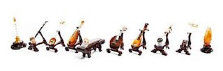 A Collection of Ten Chinese Export Miniature Hardstone Models of Musical Instruments, Height of tallest 3 1/4 inches.