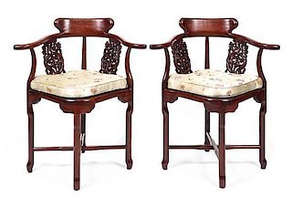 A Pair of Chinese Export Hong Mu Corner Chairs, Height 32 1/2 inches.