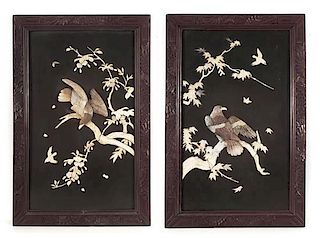 Two Japanese Bone Inlaid Hardwood Panels, Height 27 1/2 x width 18 inches.