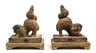 A Pair of Japanese Stone Temple Lions, Height 7 1/4 inches.