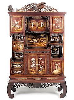 A Japanese Inlaid Shodana Cabinet, Height 83 1/2 x width 48 x depth 15 1/2 inches.