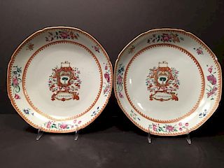 ANTIQUE Pair Large Chinese Famille Rose Armorial Charger Plates, 18th C