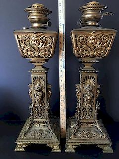 ANTIQUE Brass Oil Lamps, 25" high. 19th century