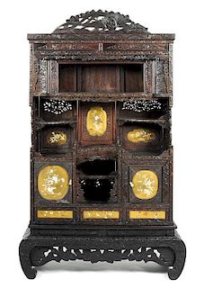 A Japanese Rosewood Inlaid Shodana Cabinet, Height 77 x width 41 1/8 x depth 12 1/2 inches.