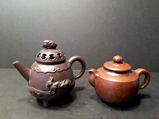 Pair  Fine Chinese Yixing Zisha Teapot, Marked by Yin Hui Qun, etc. 5 1/2" Wx 4 1/4" H