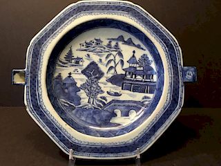 ANTIQUE Chinese Large Blue and White Warming Dish, 19th C