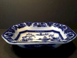 ANTIQUE 1845 Large Ironstone Tonquin W. Adams & Sons Flow Blue Soup Bowl
