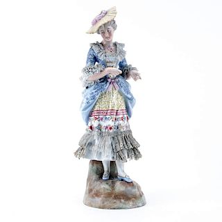 Antique Rudolstadt Figure Of Woman With Lace Adorned Dress.