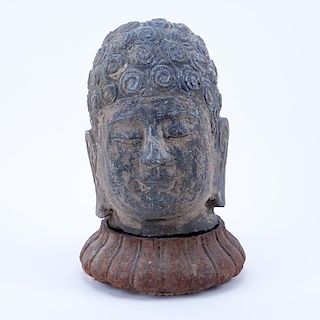 Concrete Buddha Head Sculpture on Concrete Base.