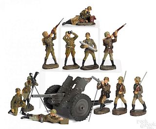 Elastolin painted tin gun and composition soldiers
