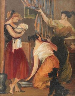 Attributed to Giorgio Carpanini, (Italian, b. 1914), Three Women and a Black Dog