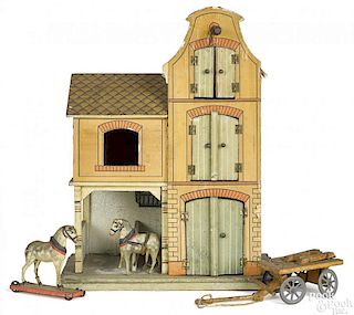 German paper lithograph over wood horse stable