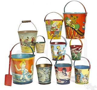 Collection of ten tin lithograph sand pails