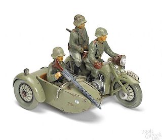 Painted tin clockwork military motorcycle, etc.