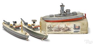 Three Arnold tin lithograph clockwork ships