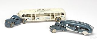 Two Arcade cast iron Greyhound busses