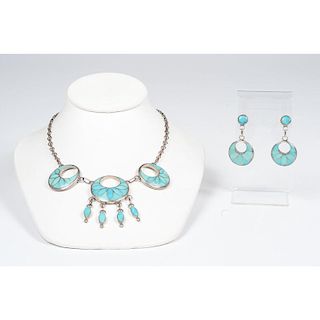 Bessie Vacit (Zuni, 20th Century) Silver with Channel Inlaid Turquoise Necklace AND Earrings