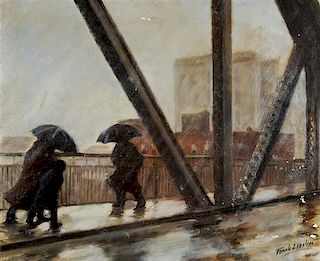 Frank L. Matter, (American, 1891-1979), Figures Crossing City Bridge in the Rain
