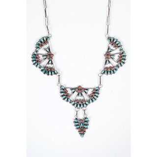 Zuni Turquoise, Coral, and Silver Needle Point Necklace