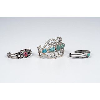 Navajo Silver and Turquoise Sand Casted Bracelet PLUS Maisel's Curio Trade Bracelets