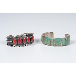 Navajo Silver and Coral Cuff Bracelet PLUS Silver and Turquoise Bracelet
