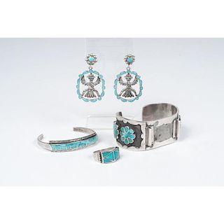 Southwestern Silver and Turquoise Bracelet, Ring, Watch Band, AND Earrings