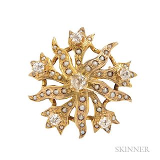 Antique 14kt Gold, Diamond, and Seed Pearl Brooch