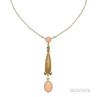 Art Nouveau Gold, Coral, and Diamond Lavaliere