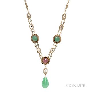 Silver-gilt Filigree, Jade, and Pink Tourmaline Necklace