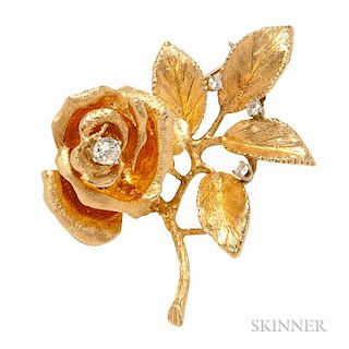 14kt Gold and Diamond Rose Brooch