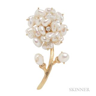 14kt Gold and Baroque Freshwater Pearl Flower Brooch