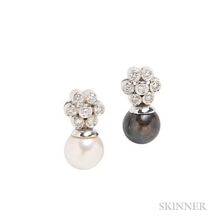 14kt White Gold, Cultured Pearl, and Diamond Earstuds