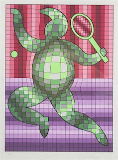 Victor Vasarely, (Hungarian, 1908-1997), Whimsical Abstract Print of a Turtle Tennis Player