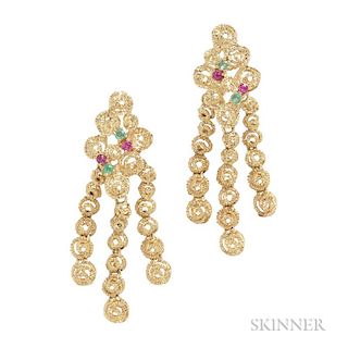 18kt Gold, Ruby, and Emerald Earrings
