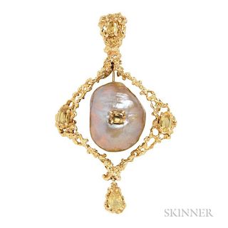 18kt Gold, Baroque Pearl, and Colored Stone Pendant