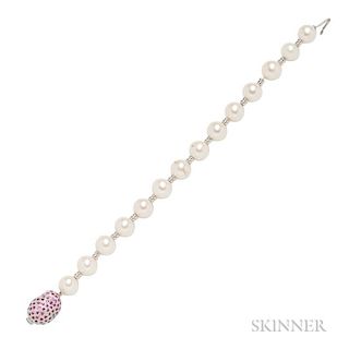 18kt White Gold, Cultured Pearl, and Pink Sapphire Bracelet