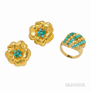 18kt Gold and Turquoise Earclips and Ring