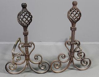 Pair Early Wrought Iron Andirons
