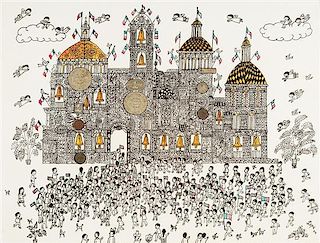 Manuel Lepe, (Mexican, 1936-1984), Cathedral and Children, 1972