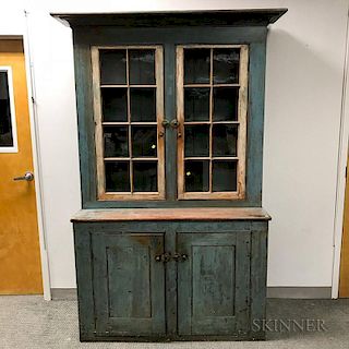 Large Country Blue-painted and Glazed Step-back Cupboard