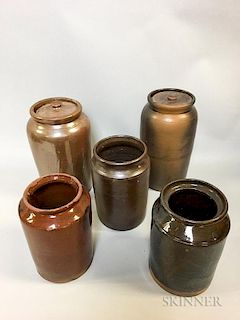 Five Redware Pottery Jars