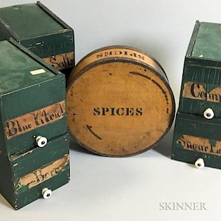 Maple Stenciled Round Spice Box and Six Green-painted Slid-lid Boxes