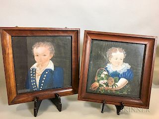 Pair of Small Framed Gouache on Paper Portraits of a Boy and Girl