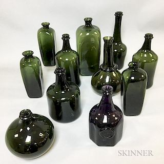 Small Group of Reproduction Colored Glass Bottles and Cased Gins.  Estimate $150-250